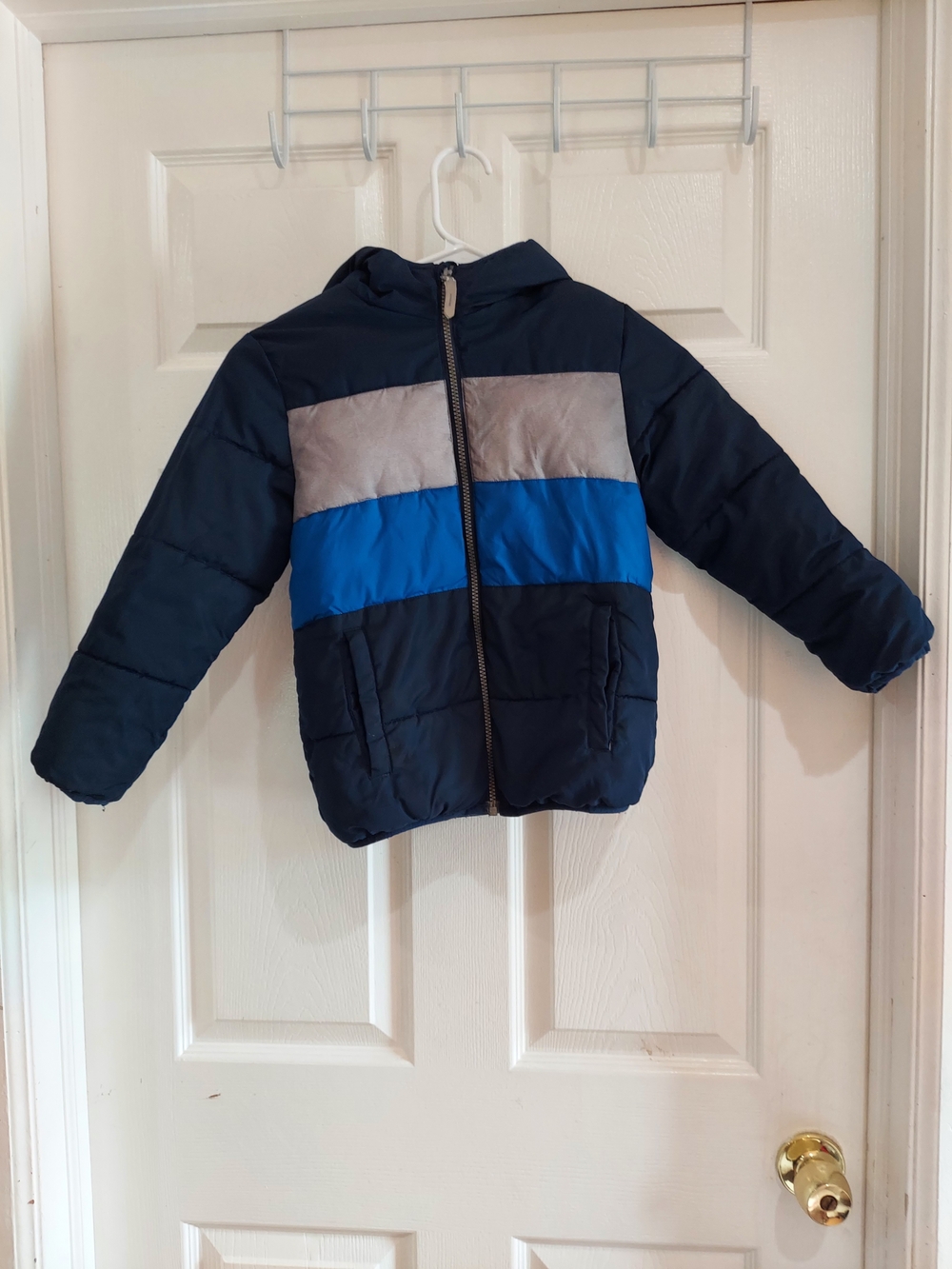 Children's Navy Puffer Jacket with Blue and Gray Stripes